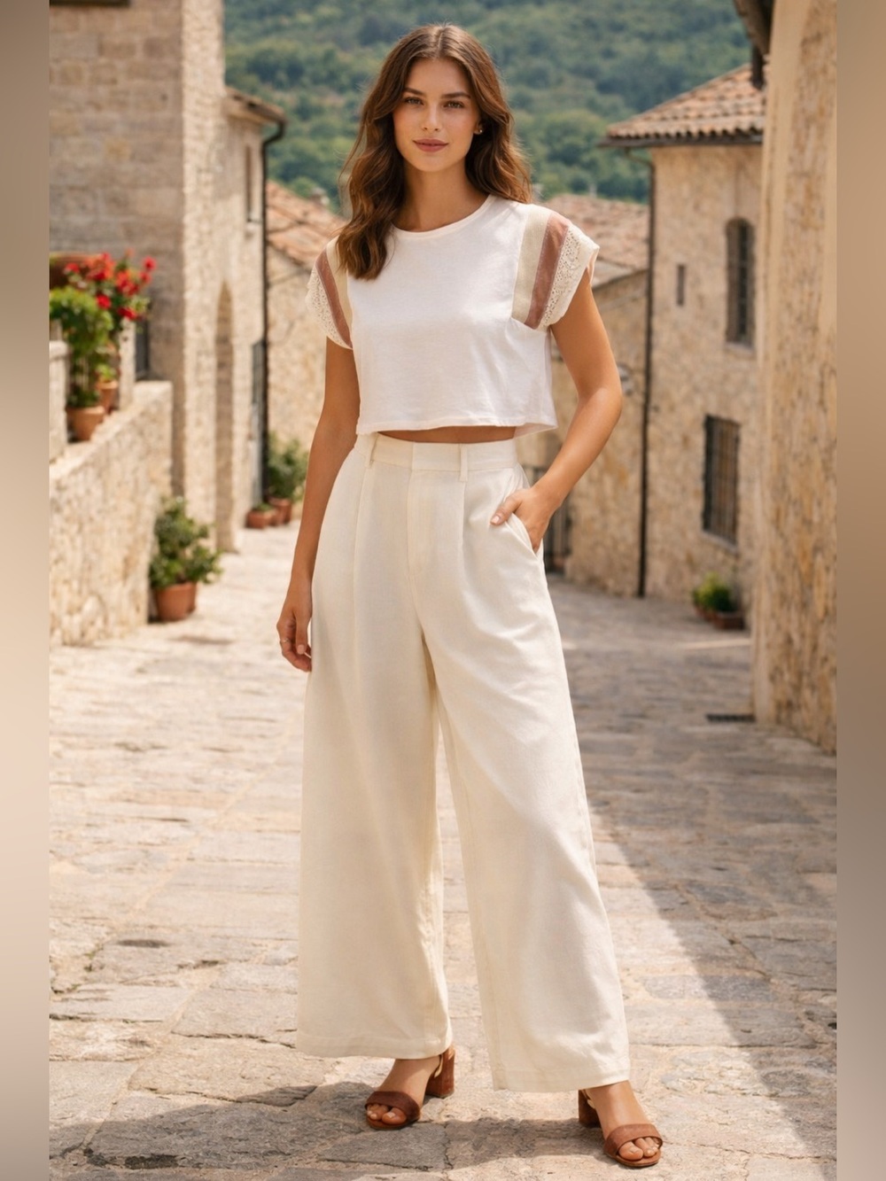 Giorgina Giannini - Crop tee with multi-fabric stripes on sleeve. Large p2p 18"
